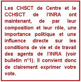 Zone de Texte: Les CHSCT de Centre et le CCHSCT de l'INRA ont maintenant, de par leur composition et leur rôle, une importance politique et une influence directe sur les conditions de vie et de travail des agents de l'INRA (voir bulletin n°1). Il convient donc de clairement exprimer votre vote.